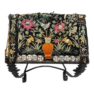 Antique Metal Vanity Stool With Tattered Chinoiserie Needlework Seat For Sale