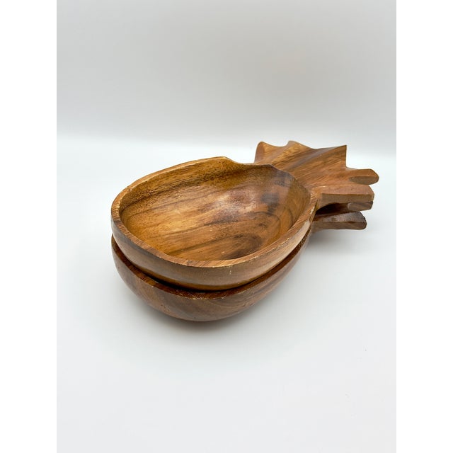 Mid-Century Modern Set of 2 Vintage Hand Carved Pineapple Wood Bowls For Sale - Image 3 of 5