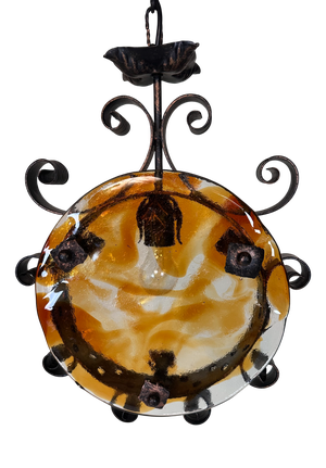 Large Mediterranean Pendant Light in Murano Glass and Decorated Wrought Iron, 1960s