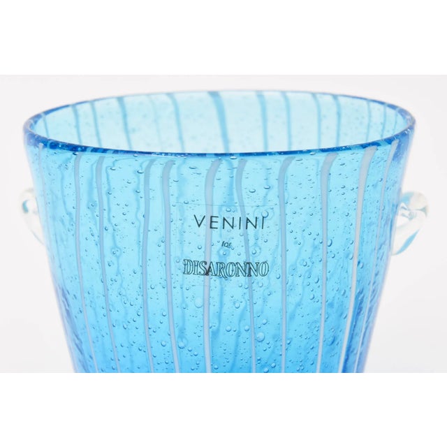 1980s Murano Venini Sapphire Turquoise Glass Ice Bucket With White Lines 1980's For Sale - Image 5 of 10