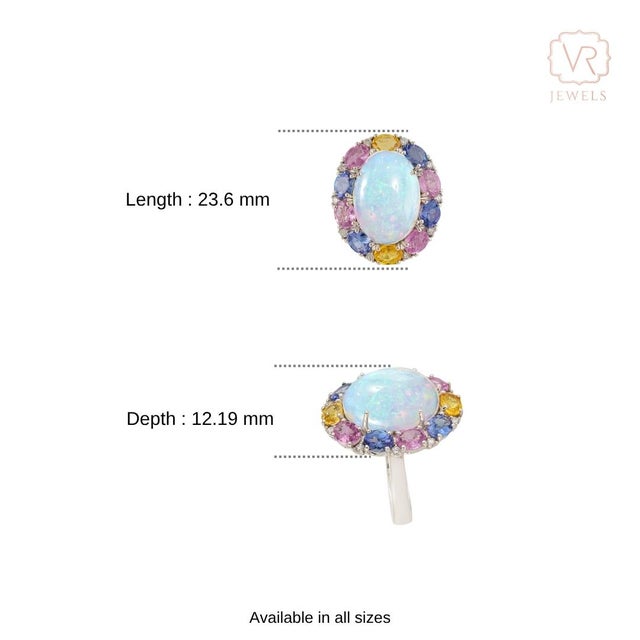 9.01ct Ethiopian Fire Opal, Multi-Sapphire and Diamond Antique 18k White Gold Ring Size 4 For Sale - Image 12 of 18
