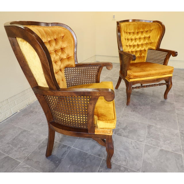 Pair of Monumental 1970s Cane and Gold Velvet Horseshoe Wingback Chairs For Sale - Image 14 of 17