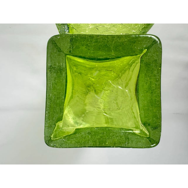 Art Glass MCM Vibrant Green Vintage Crackle Finish Rectangular 10" Vases-Pair! For Sale - Image 10 of 10