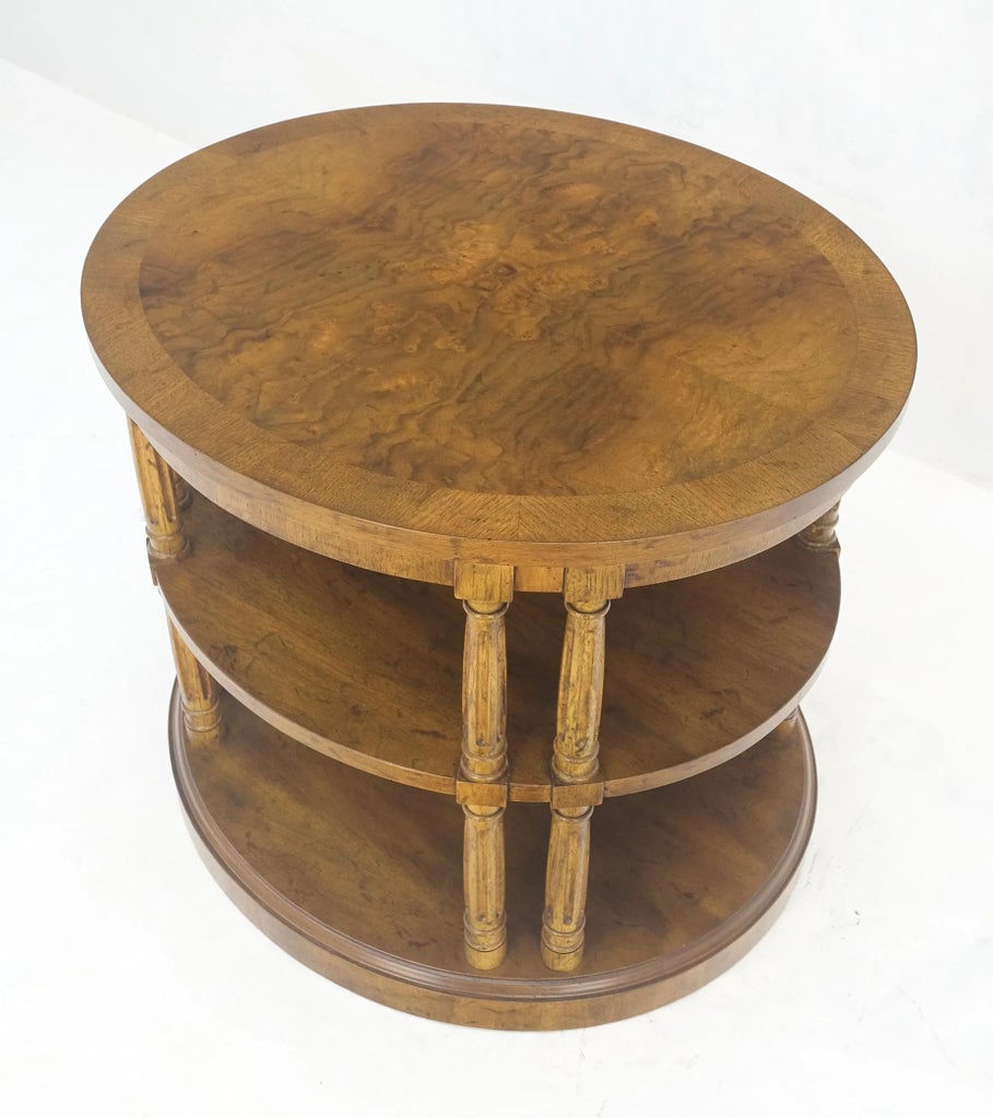 Henredon Oval Burl Walnut 3 Tier Sied End Lamp Table Stand
