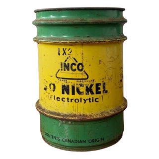 Vintage Inco Nickel Drum Industrial Metal Barrel Canadian Mining Rustic Factory Decor For Sale