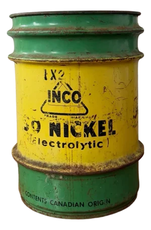 Vintage Inco Nickel Drum Industrial Metal Barrel Canadian Mining Rustic Factory Decor