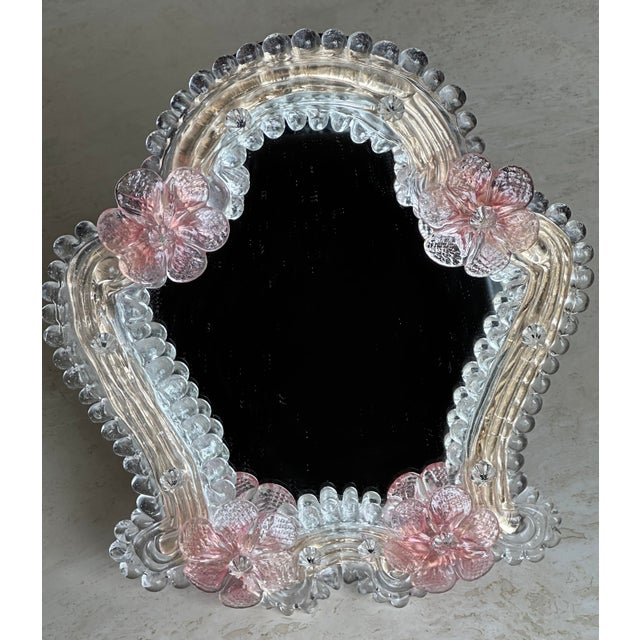 Glass Vintage Murano Venetian Glass Floral Motif Table Mirror With Hook For Sale - Image 7 of 7