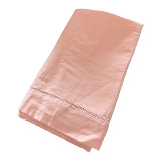 Antique French Linen Sheet Blush Coral Pink Trousseau Textile Ladderwork Detail Hand Pulled Stitch 1920s Romantic Bedding Fabric For Sale