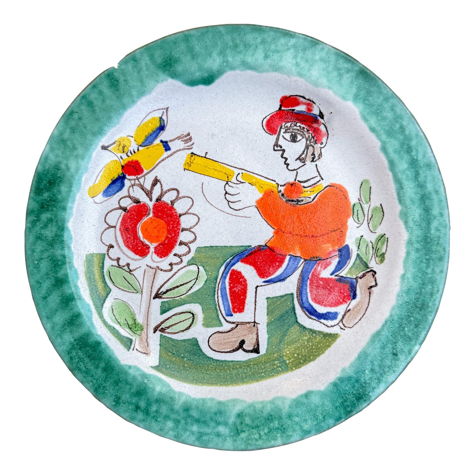 1960s Italian Giovanni DeSimone Pottery Plate Folk Art Hunter and Birds ...