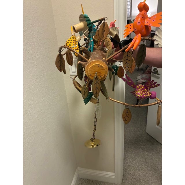 1980s Vintage Folk Art Hummingbird Chandelier Signed Carey Handmade Wood Hanging Light For Sale - Image 5 of 12