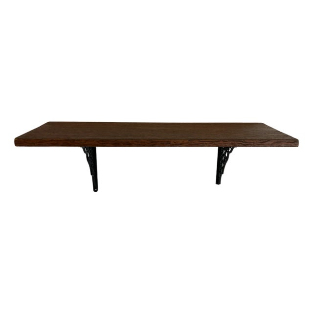 Vintage Wood Wall Shelf With Cast Iron Brackets For Sale