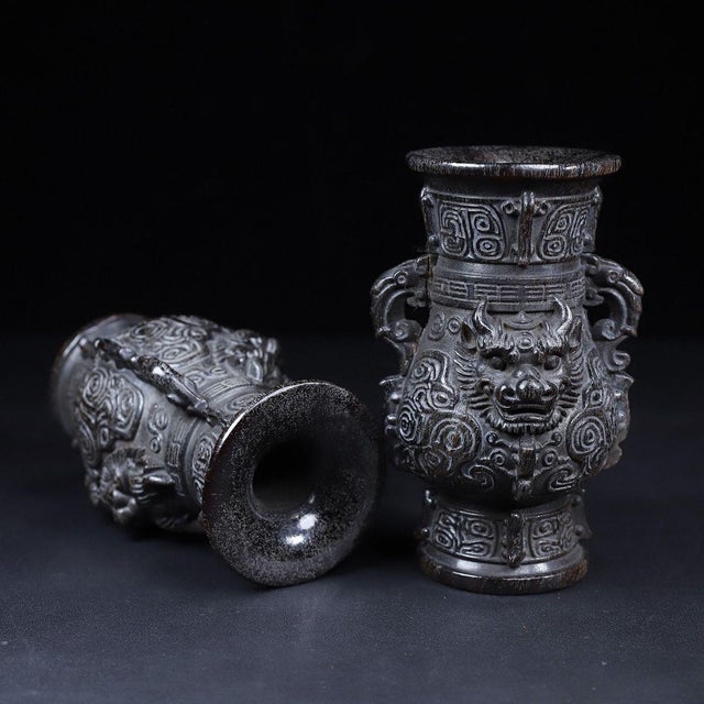 Late 19th Century Pair of Carved Faux Horn Beast-Face Vases With Handles For Sale - Image 4 of 10
