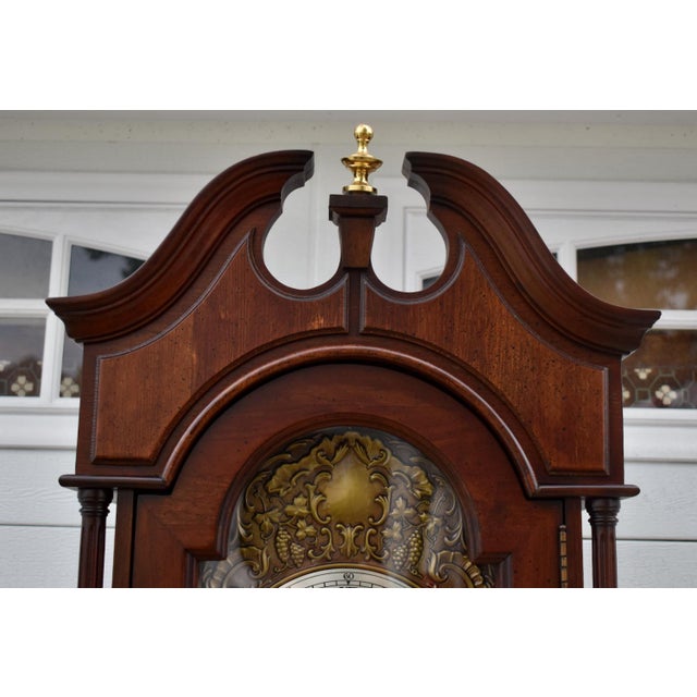 Traditional Mahogany Grandmother Clock Vintage Mechanical Embossed Dial For Sale - Image 9 of 18
