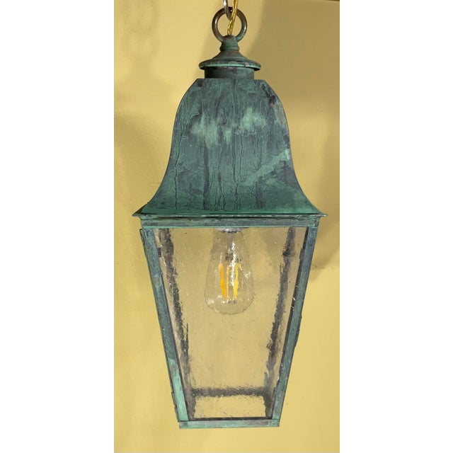 Metal Single Small Vintage Solid Brass Hanging Lantern- 17”h X 7”.5 X 7”.5 For Sale - Image 7 of 11
