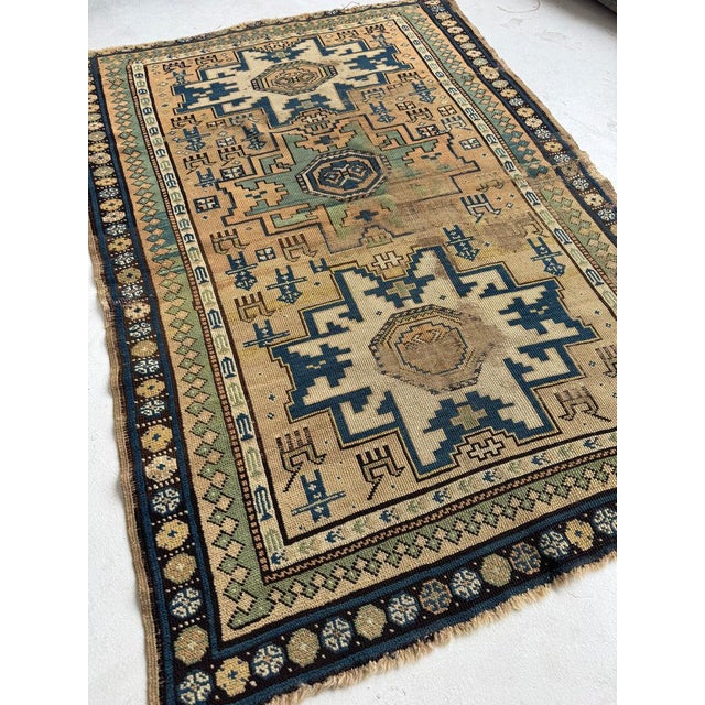 Persian Cashew-Nude & Kiwi Antique Caucasian Lesghi Star GEM Collector's Art Piece Rug 3.5 x 5 For Sale - Image 3 of 12