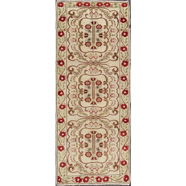 Vintage Turkish Runner With Floral Deco Design in Cream and Red and Green For Sale - Image 9 of 9