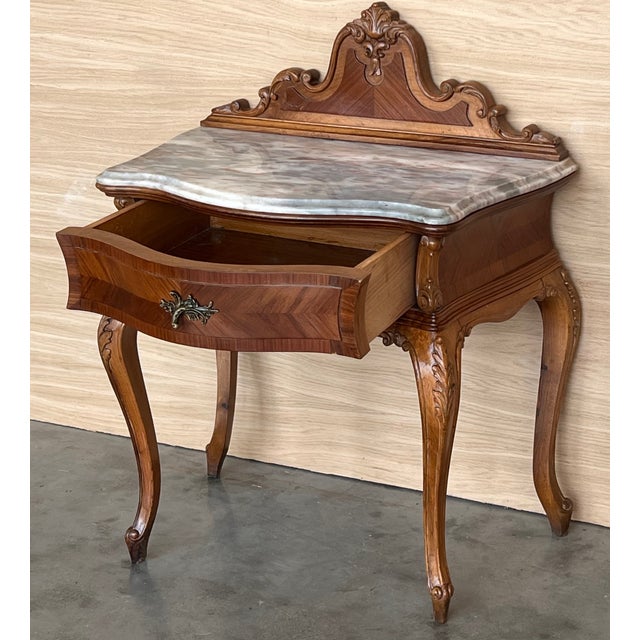 Wood French Pair of Nightstand Tables With Crest & Carved Drawer and Cabriole Legs For Sale - Image 7 of 10