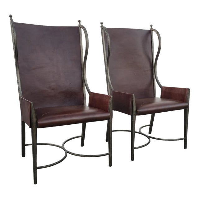 Global Views Metal and Leather Wingback Armchairs - A Pair For Sale