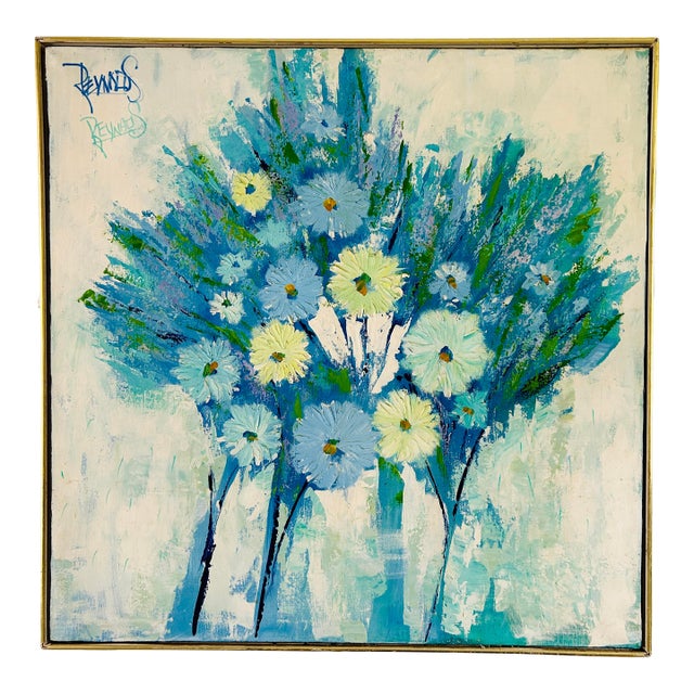 Iconic 1970s Floral on Canvas, Double Signed “Reynolds” Aka Less Reynolds, Kitsch Painter For Sale