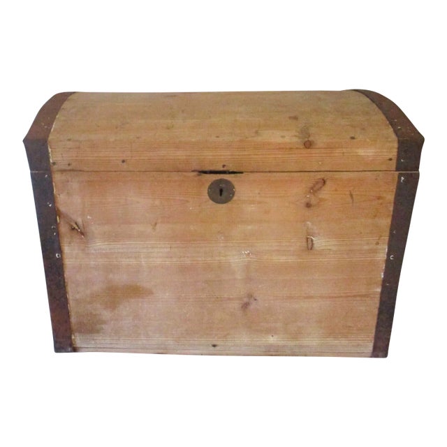 1930s Vintage Swedish Birchwood Curved Top Metal Trimmed Blanket Chest For Sale