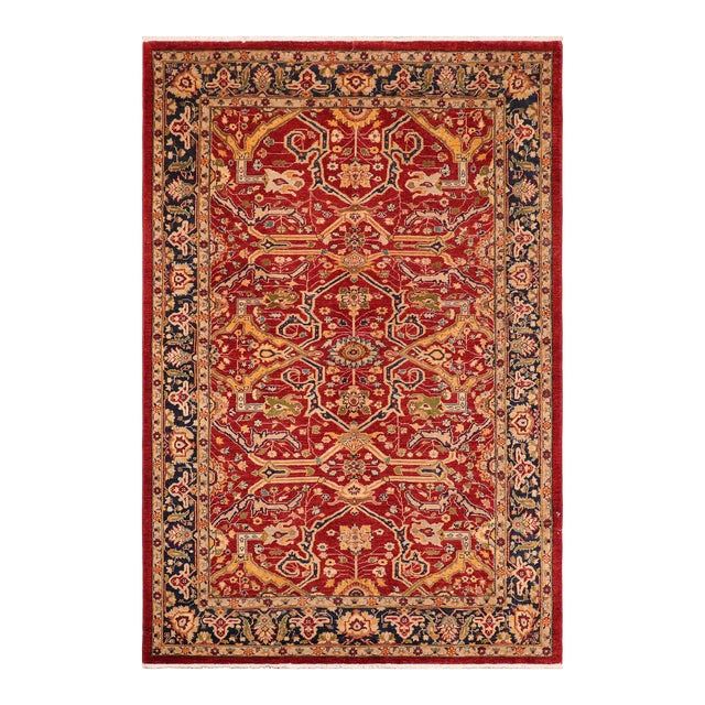 Classic Ziegler Red Blue Hand-Knotted Wool Rug - 6'0'' X 8'11'' For Sale