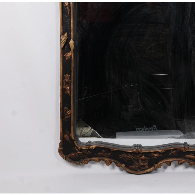 Early 20th Century Vintage Wooden Carving Frame Mirror With Chinoiserie Design of Pagoda and Boat, Figurines, Etc. For Sale - Image 5 of 6
