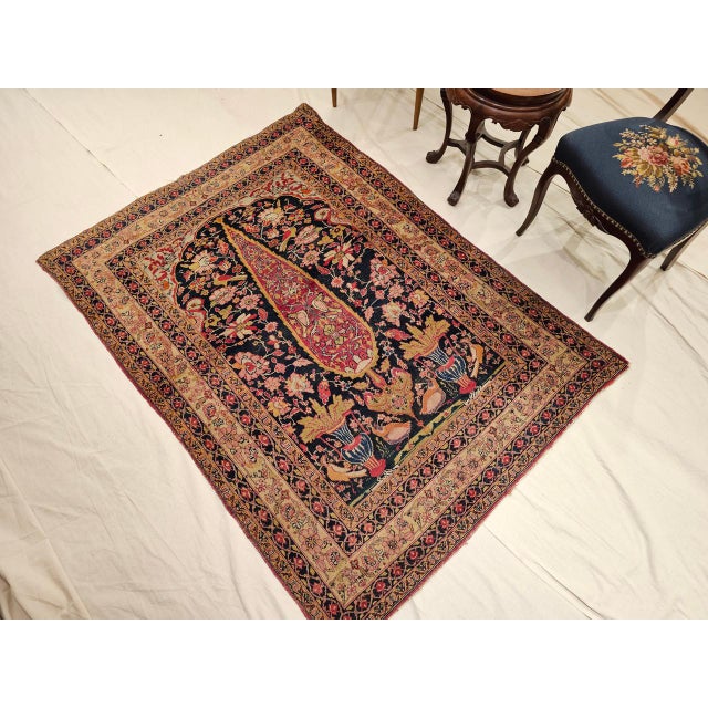 19th Century 19th Century Persian Kerman Lavar Rug, Hand-Knotted Wool, Tree of Life Pattern, Navy & Ivory, 4x6 For Sale - Image 5 of 13