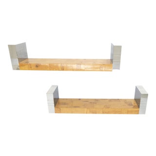 Pair Paul Evans Bracket Shape Burl Walnut Polished Chrome Hanging Shelves Mint For Sale