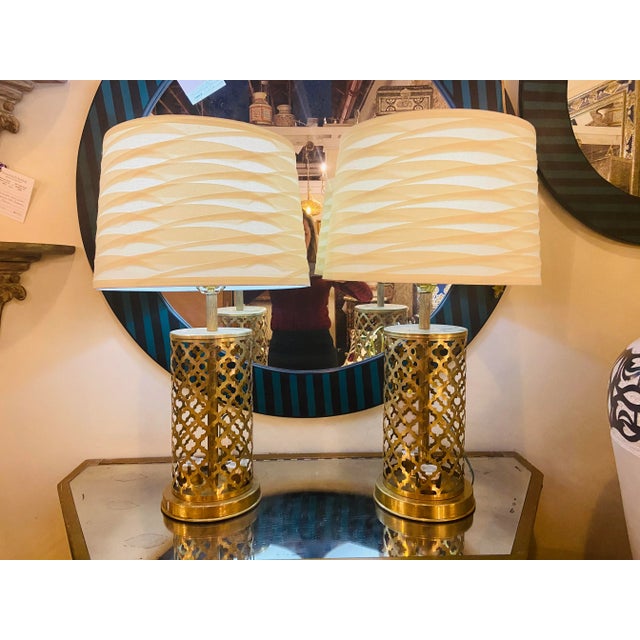 Modern Moroccan Gold Brass Table Lamp Handmade with Bottom & Upper Light, a Pair This pair of lamps is made in fine brass...