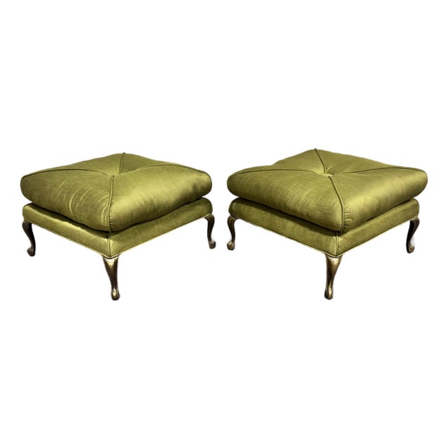 Hollywood Regency Olive Green Silk Button Tufted Footstools - A Pair For Sale