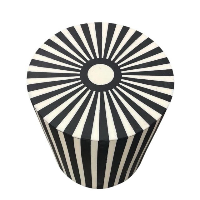 Vintage Optical Sunburst Resin-Inlay Wooden Drum Side Table For Sale - Image 4 of 12