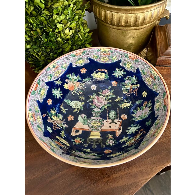 Mid 20th Century Vintage Chinese Famille Rose Cobalt Blue Porcelain Bowl For Sale - Image 5 of 7