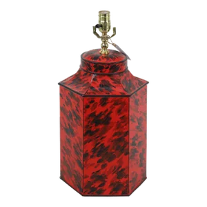 Vintage English Export Vermillion Hand Painted Faux Tortoise Tea Caddy Lamp