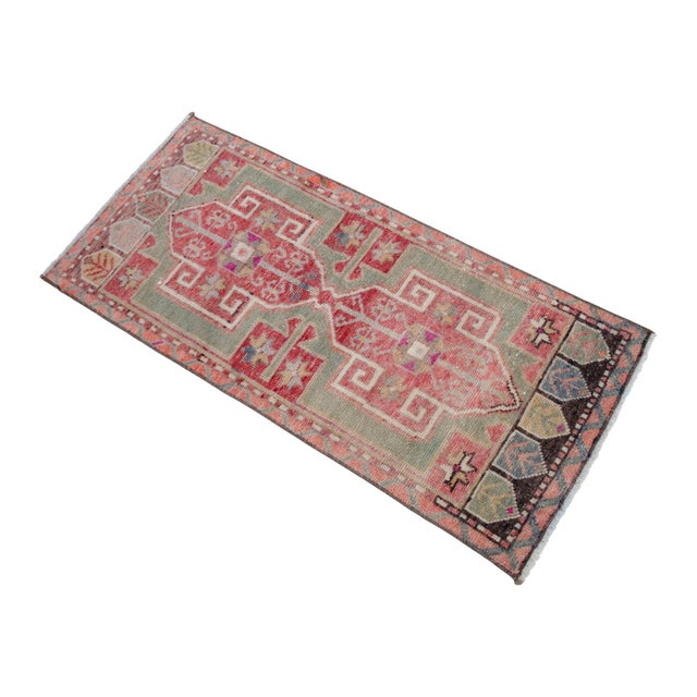 Hand-Knotted Turkish Petite Rug Low Pile Faded Colors DoorMat Yastik Rug - 20'' X 44'' For Sale - Image 6 of 13