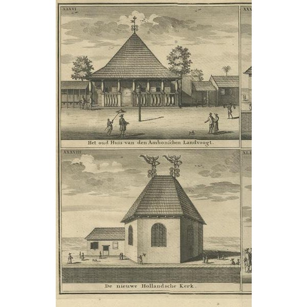 Antique print titled 'The old house of the Ambon governor. - The old Dutch church. - The new Dutch church. - A tea house'....