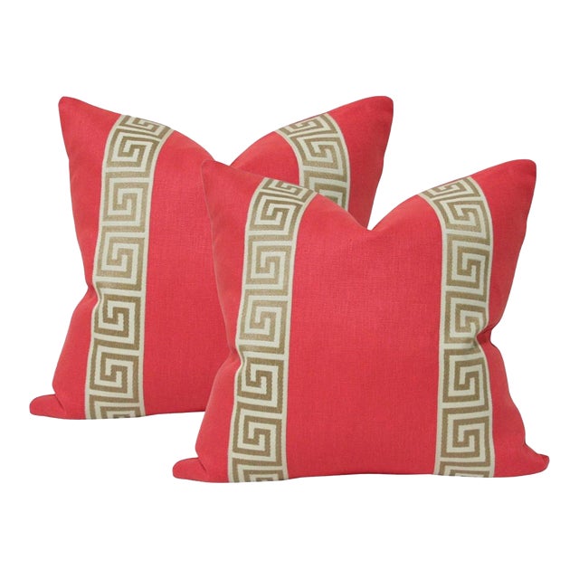 Coral Linen With Greek Key Trim 17" Square Pillows With Feather Down Inserts - Pair For Sale