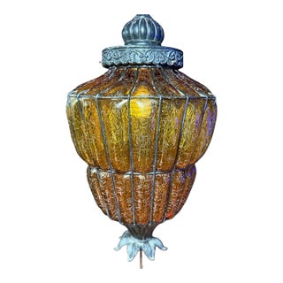 Vintage Amber Textured Glass Swag Pendant Lamp With Decorative Metal Cage, Newly Rewired For Sale