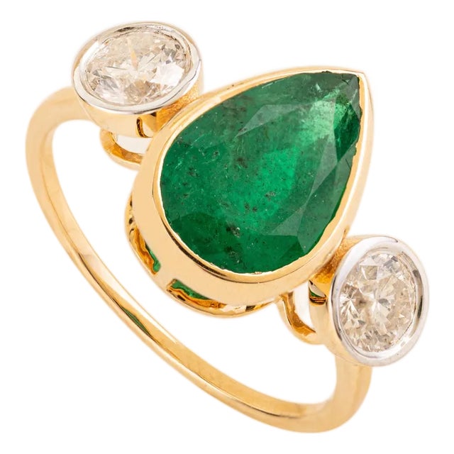2.29ct Deep Green Emerald Pear Engagement Ring With Round Diamonds in 18k Gold Size 5 For Sale