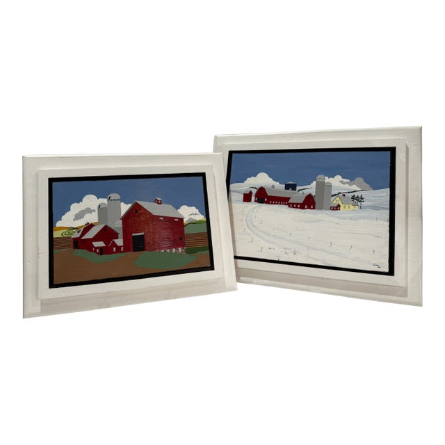 Pair Signed 2002 American Folk Art Farm Landscape Paintings Red Barns For Sale