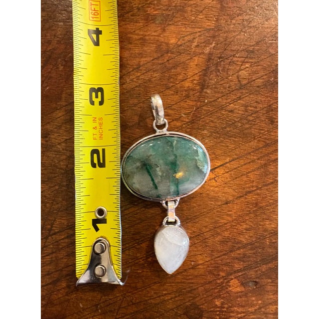 Vintage Sterling Silver Pendant Featuring Emerald in Matrix Stone and Moonstone For Sale - Image 4 of 5
