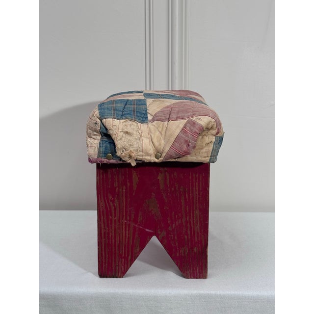 Early 20th Century Antique Primitive American Quilted Top Red Painted Solid Wood Low Stool For Sale - Image 5 of 11