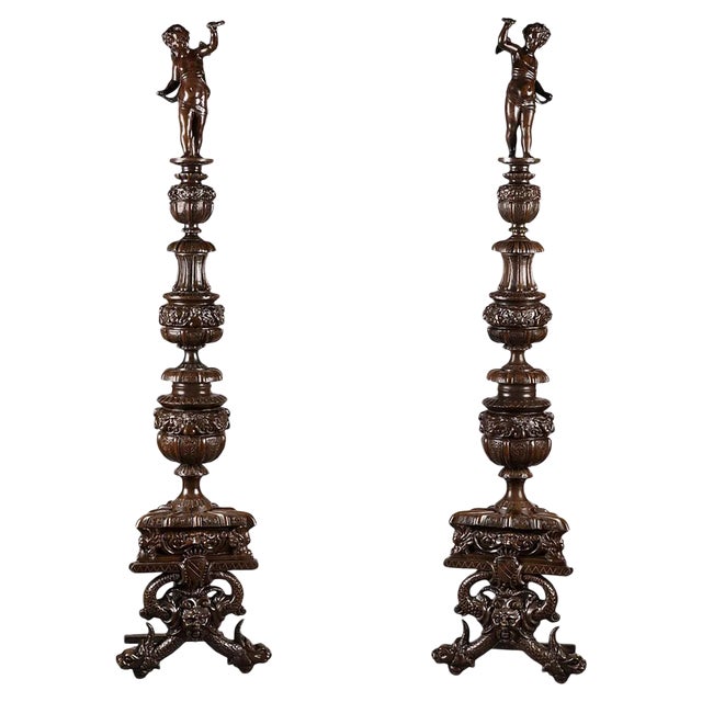 19th-Century Napoleon III Andirons in Patinated Bronze, Set of 2 For Sale