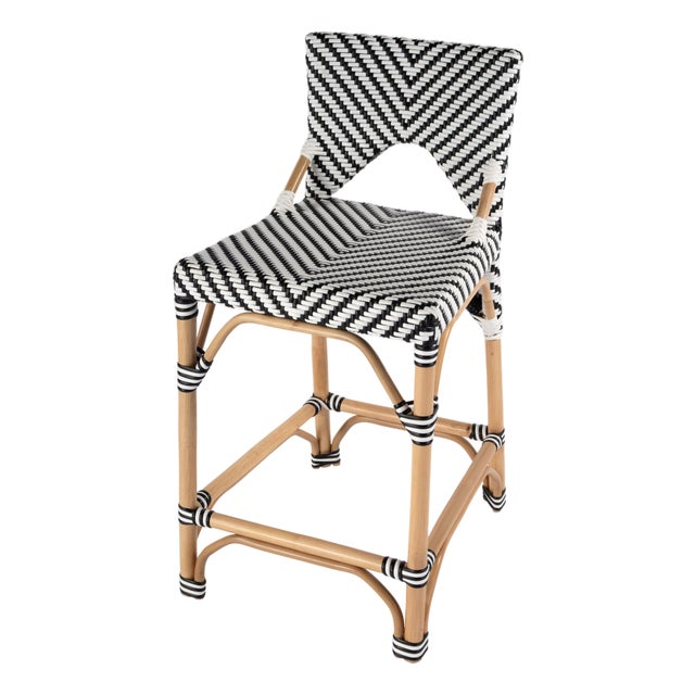 Creanly 25.25 in. Seat Height Rectangular Rattan Counter Stool with Back, Black For Sale