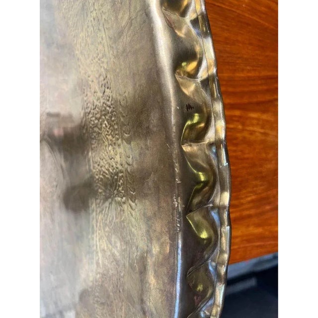 Mid-Century Modern Mid 20th Century Large Mid Century Indian Round Chased Brass Tray Table on Folding Stand For Sale - Image 3 of 12