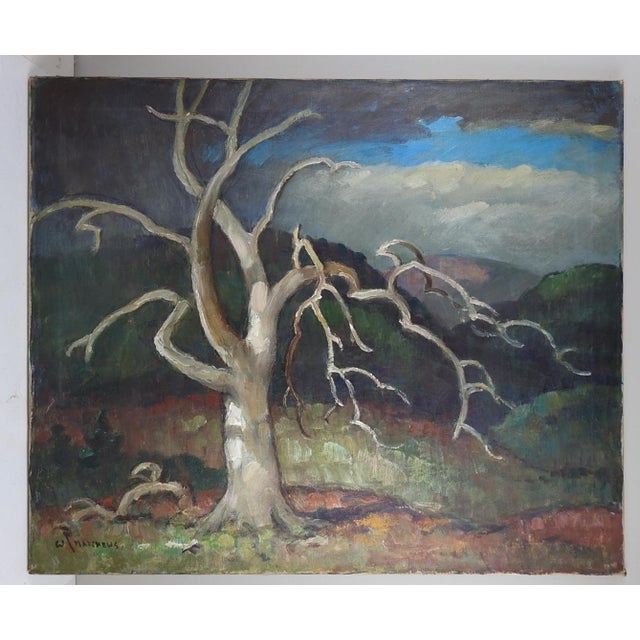 Textile Early 20th Century Impressionist Lone Tree Stormy Landscape Painting For Sale - Image 7 of 8