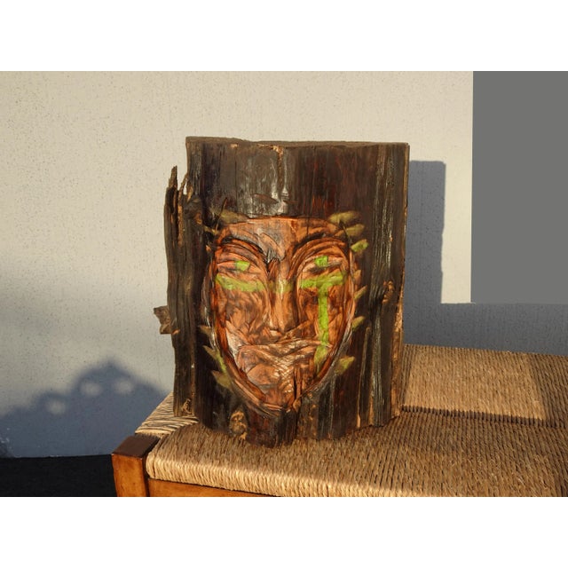 French Country Vintage Hand Carved Face on a Wooden Log ~ Decorative Decor For Sale - Image 3 of 12