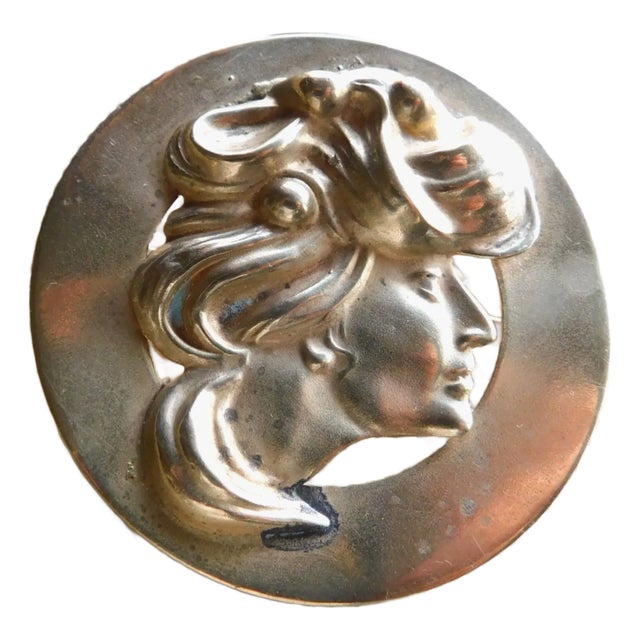 Art Nouveau Antique Gold Woman Profile Round Brooch, C. 1900 For Sale