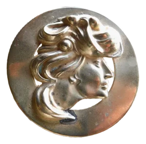 Art Nouveau Antique Gold Woman Profile Round Brooch, C. 1900