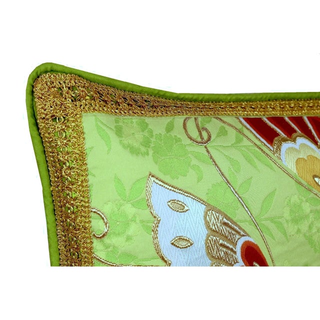 Japanese Hand-Embroidery Vintage Butterfly Silk Lumbar Pillow Framed With Vintage Guipure Lace and Piping For Sale - Image 3 of 12
