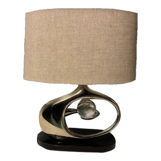 Global Views “Orbit” Lamp in Nickel With Clear Crystal Sphere & Natural Tan Oval Linen Shade For Sale